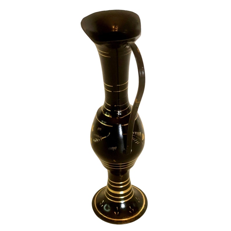 Brass Pitcher Vase Candle Holder Black Enamel Etched Gold Floral Pattern 7 image 5