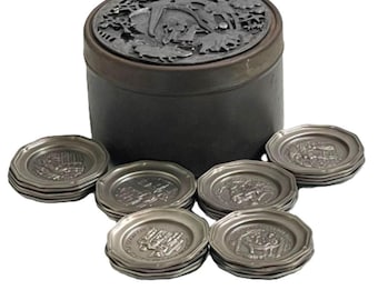 Vintage Metzke Pewter Round Trinket Box Set w/ 25 Miniature Collectible Plates