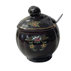 Vintage Sugar Bowl or Jam Jelly Jar Redware Japan Ceramic 4.5&quot; x 3.25&quot;