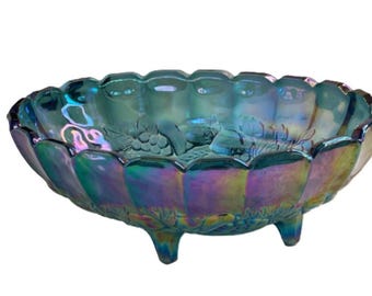 Vintage Indiana Glass Blue Carnival Glass Fruit Bowl Harvest Grape Footed 12"