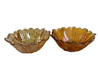 Vintage Indian Glass Lily Pons Amber Carnival Glass Sunflower Bowls 1970's