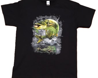 Fishing T Shirt,  Jumping Muskie, (Sweatshirt,  Hoodie Available On Request)   #246o