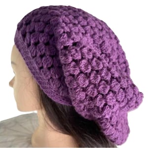 Crochet Slouch Hat Slouchy Beanie Snood Handmade Adult Size Purple Soft Acrylic