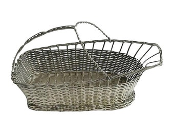 Wine Serving Basket Caddy Silver Plated Woven Wire Wine Bottle Pourer Vintage