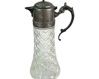 Vintage Glass Claret Carafe Pitcher Ewer Diamond Cut Silver Plate Lid Handle 14"