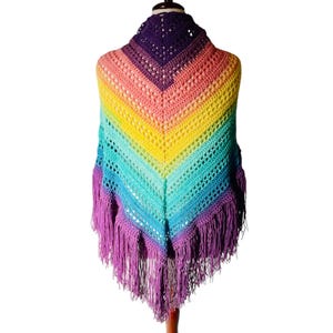 Crochet Shawl with Fringe Purple Peach Yellow Green Blue Handmade 76&quot; x 36&quot;