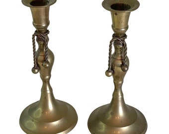 Brass Candlestick Holders with Rope Tie Tassels 6.75" Vintage Set of 2