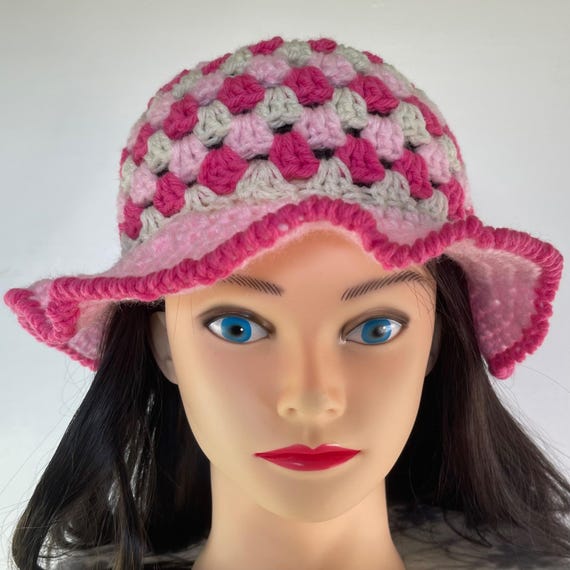 Crochet Bucket Hat Granny Square Pattern Pink and White Adult Size Handmade Pink and White Granny Square Crocheted Retro Vintage Boho  main image 2