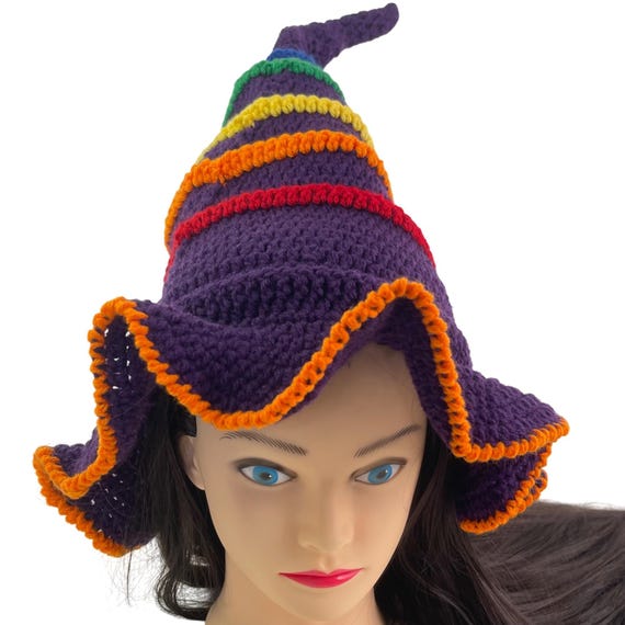 Crochet Witch Wizard Hat Purple w/ Red Orange Yellow Green Blue Flowers Handmade Crochet Witch Wizard Hat Purple W/ Red Orange Yellow Green  main image 4