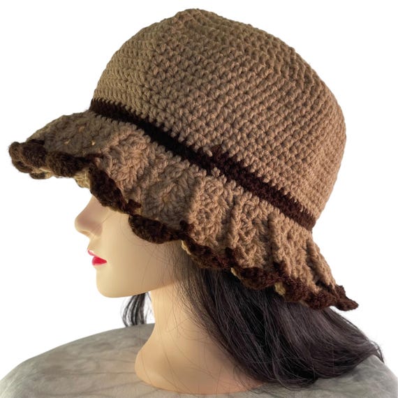 Crochet Bucket Hat Retro Cloche Style Tan and Brown Handmade  display picture 1