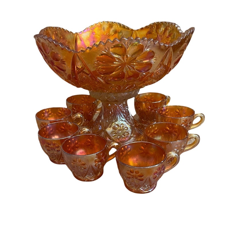 Vintage Imperial Carnival Glass Punch Bowl Pedestal Set With 8 Etsy