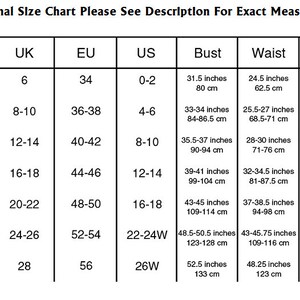 May include: International size chart for clothing with measurements in inches and centimeters. Sizes include XS, S, M, L, XL, XXL, and XXXL. The chart shows UK, EU, and US sizes, as well as bust, waist, and hip measurements.