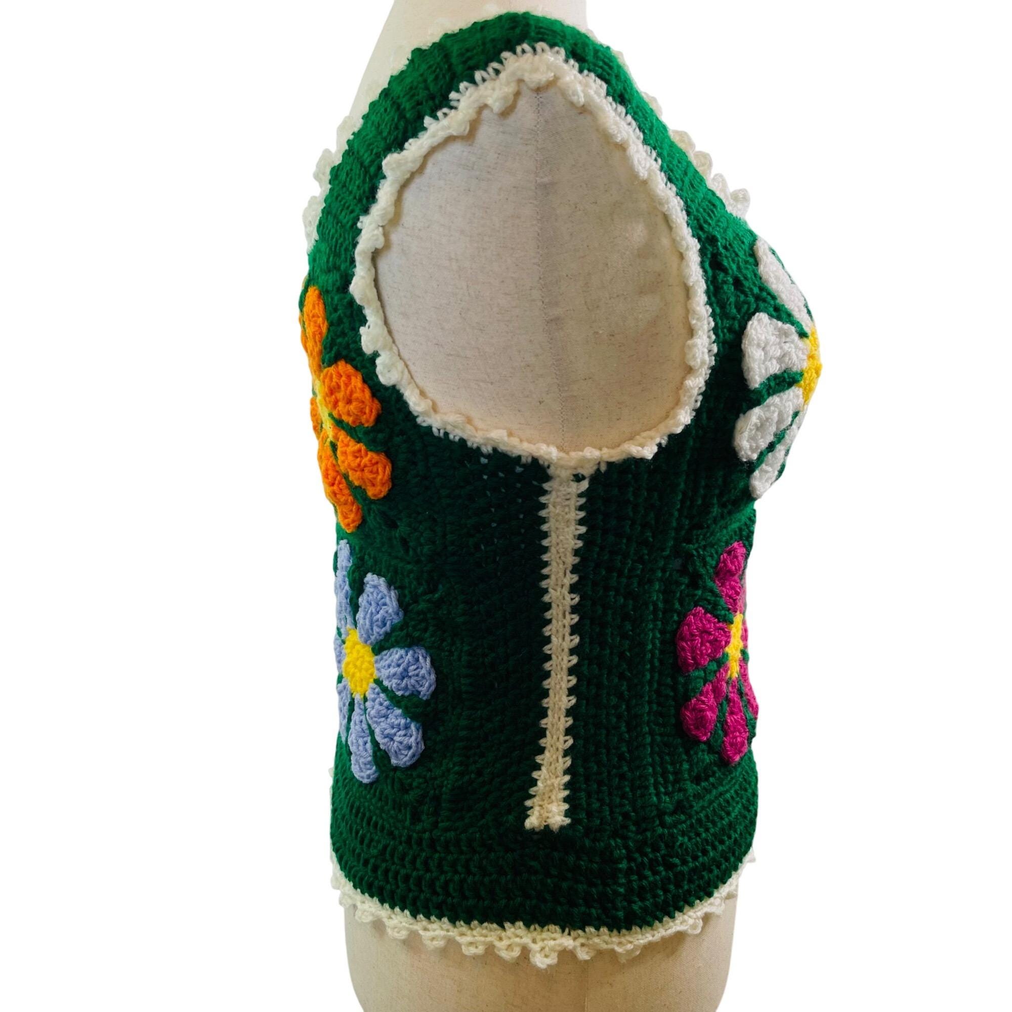 Crochet Vest Tank Top Retro 70's Hippie Flower Power Rib Tickler