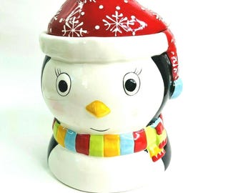 Tarro de galletas de cerámica con diseño de pingüino vintage, temática navideña de invierno, 23 cm (9 pulgadas)
