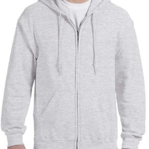 May include: A light gray zip-up hoodie with a hood and a front pocket.