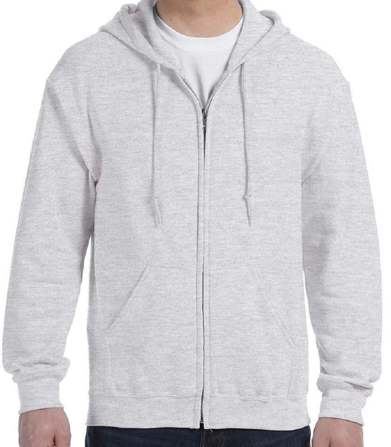May include: A light gray zip-up hoodie with a hood and a front pocket.
