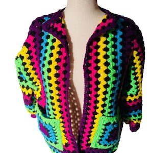 Crochet Cardigan Sweater Neon Colors Handmade Granny Square Pockets Oversize XL