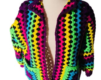 Crochet Cardigan Sweater Neon Colors Handmade Granny Square Pockets Oversize XL
