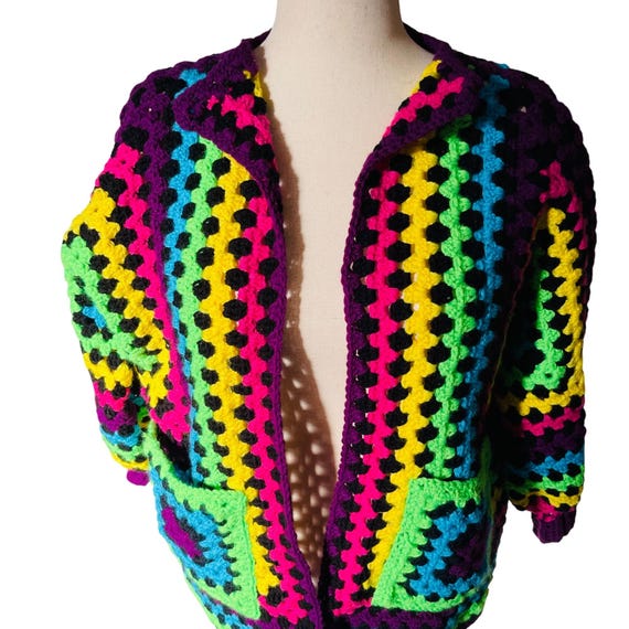 Crochet Cardigan Sweater Neon Colors Handmade Granny Square
