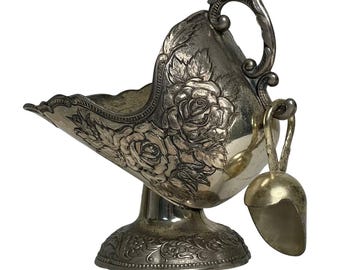 Azucarero con cuchara, chapado en plata vintage, con relieve de rosa, fabricado en Japón, 11,4 cm (4,5 pulgadas)