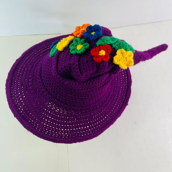 Crochet Witch Wizard Hat Purple w/ Red Orange Yellow Green Blue Flowers Handmade Crochet Witch Wizard Hat Purple W/ Red Orange Yellow Green  main image 2