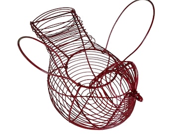 Red Chicken Egg Basket Wire with Folding Handles Vintage 11" x 6.5" x 6.5"