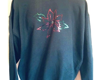 Christmas Sweatshirt Poinsettia Bling Sequin Festive Holiday Design XL NEW