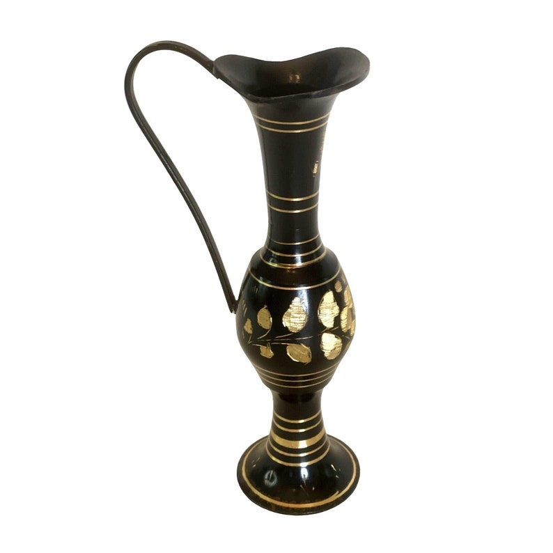 Brass Pitcher Vase Candle Holder Black Enamel Etched Gold Floral Pattern 7 image 1