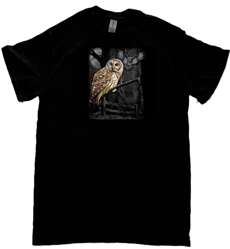 Peut inclure: T-shirt noir avec un motif d'un hibou perch&eacute; sur une branche dans un d&eacute;cor de for&ecirc;t sombre.