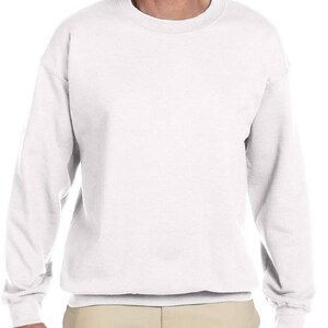May include: A white crew neck sweatshirt with long sleeves.