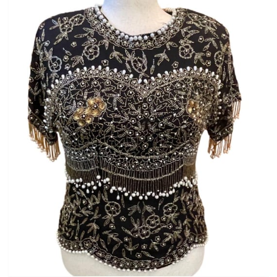 VTG Patra Silk Beaded Sequin Blouse Top Women's 16 Black Gold Pearl Flapper 80s