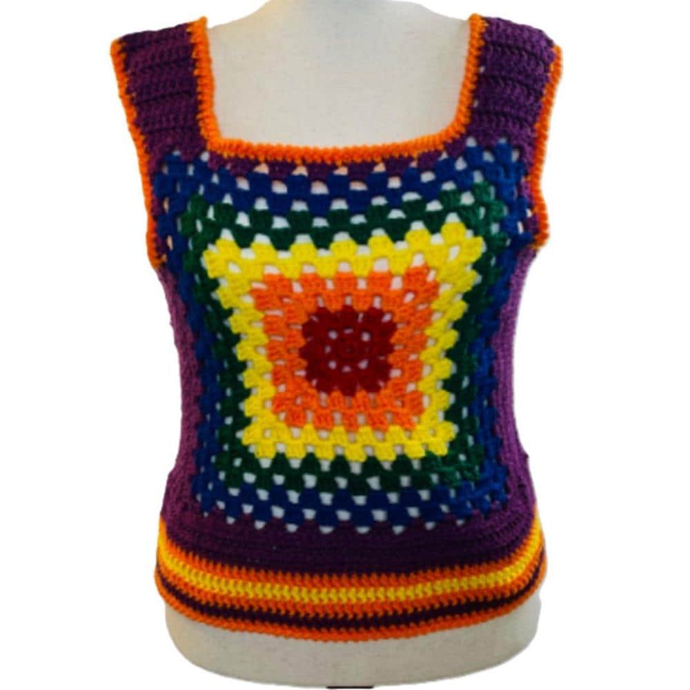 Crochet Granny Square Vest Tank Top Retro 70's Hippie Rib Tickler