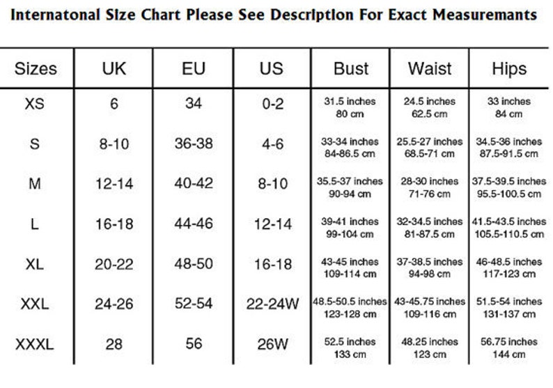 Peut inclure: Tableau des tailles internationales pour les v&ecirc;tements avec des mesures en pouces et en centim&egrave;tres. Les tailles comprennent XS, S, M, L, XL, XXL et XXXL. Le tableau indique les tailles UK, EU et US, ainsi que les mesures de la poitrine, de la taille et des hanches.