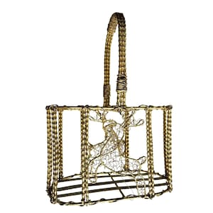 Christmas Basket Wire Reindeer Design Glittering Gold Tone Metal 13&quot; x 9&quot; x 5&quot;