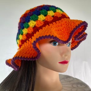 Crochet Bucket Hat Granny Square Pattern Rainbow Colors Adult Size Handmade