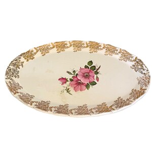 Prato oval vintage de 1954 da Lord Nelson Pottery, padrão Chintz rosa e dourado, 31,1 cm (12,25 polegadas).