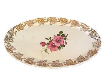 Vintage 1954 Lord Nelson Pottery Oval Platter Rose and Gold Chintz Pattern 12.25