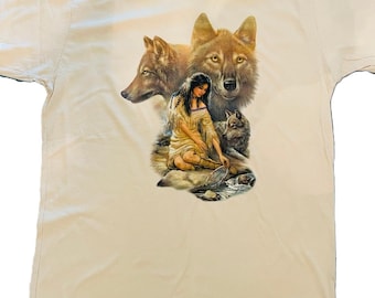 Camiseta de nativos americanos, lobo, doncella india (sudadera con capucha disponible a pedido) n.° 224c