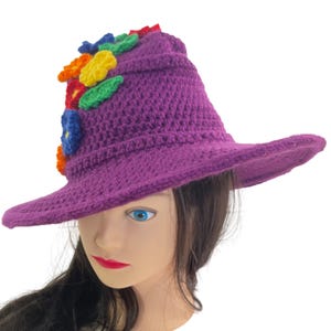 Crochet Witch Wizard Hat Purple w/ Red Orange Yellow Green Blue Flowers Handmade