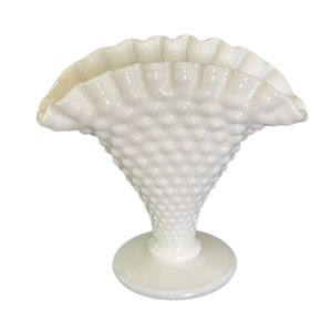 Fenton Fan Vase Milk Glass Hobnail Crimped Ruffle Small 3.75&quot; x 4.25&quot; Vintage