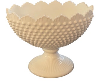 Fenton Pedestal Compote Bowl Milk Glass Hobnail Sawtooth 7" x 9" x 5.5" Vintage