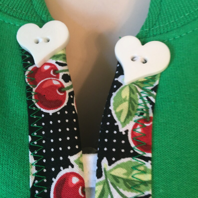 Sweatshirt Cardigan Sweater Green With Cherry Design Trim and Pockets Large image 3