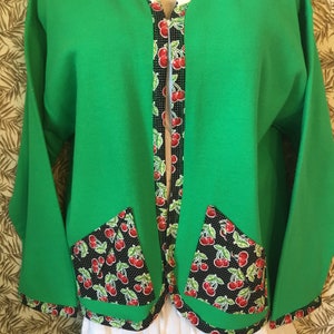 Sweatshirt Cardigan Sweater Green With Cherry Design Trim and Pockets Large image 2