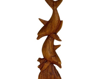 Dolphin Duo Hand Carved Sculpture Handcrafted Saur Wood 16" Artist Initials