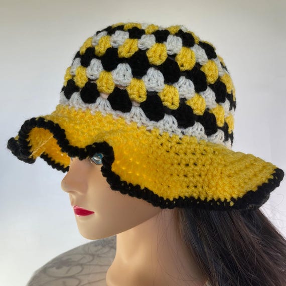 Crochet Bucket Hat Granny Square Pattern Black Yellow Off  display picture 3