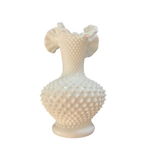 Fenton Milk Glass Vase Hobnail Bulbous Ruffle 11" White Pre Fenton Mark Vintage