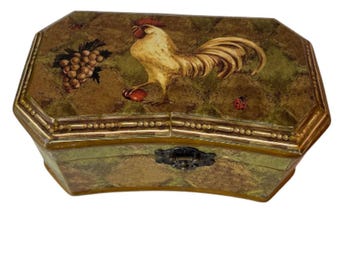 Vintage Wooden Rooster Trinket Box Octagonal Hinged Jewelry Keepsake Case 10"