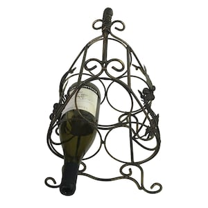Wine Rack Wrought Iron Tabletop 3 Bottle Grape Vine Leaves Rustic Italian Style