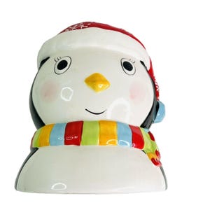 Vintage Penguin Cookie Jar Christmas Snowflake Hat Lid and Colorful Scarf 9&quot;