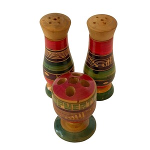 Wood Salt and Pepper Set w/ Toothpick Holder Mexico Puerto Rico Souvenir Vintage